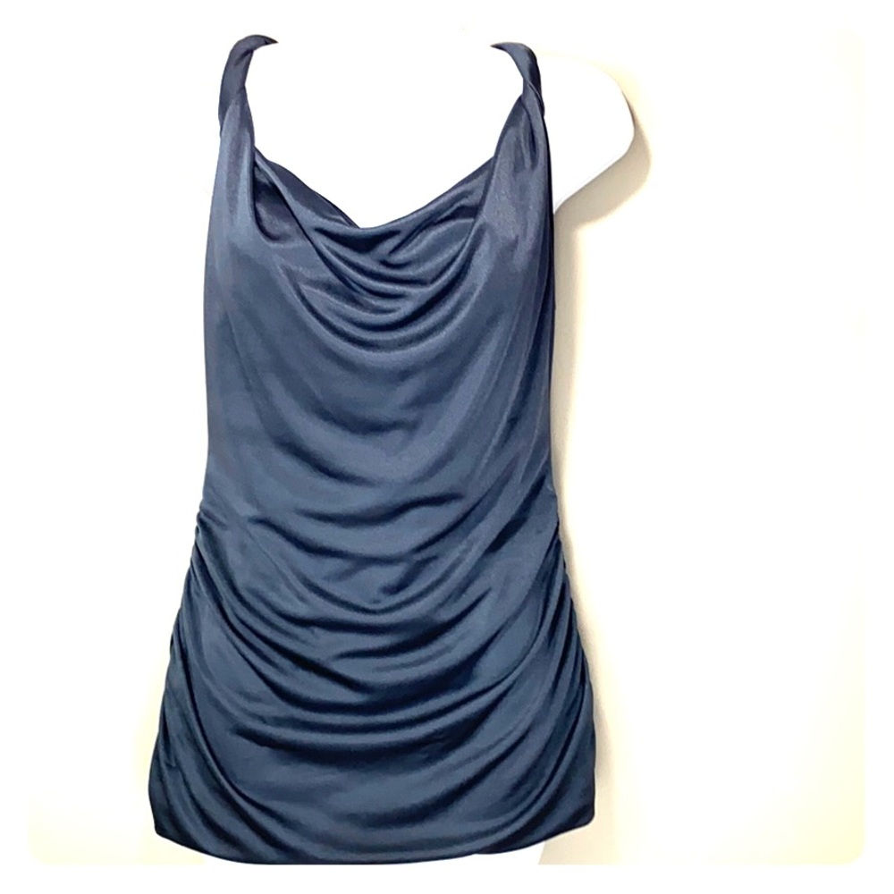 Akiko Sheen Steel-Gray Drape-Neck T-Back SEXY Top